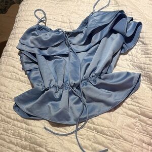 Elegant Blue Satin Ruffle Top